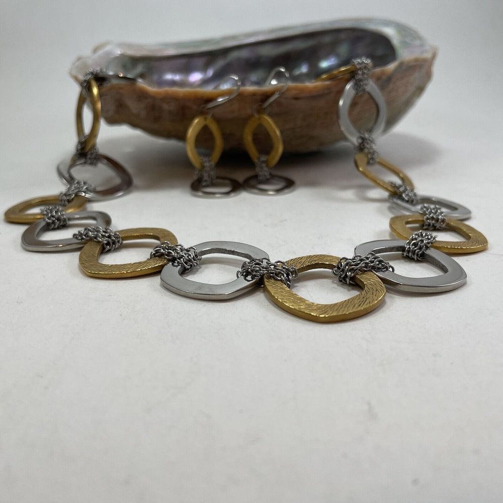 QVC Steel By Design Two Tone 28” Necklace & 8” Bracelet Earrings Rounded Square - Picture 16 of 16